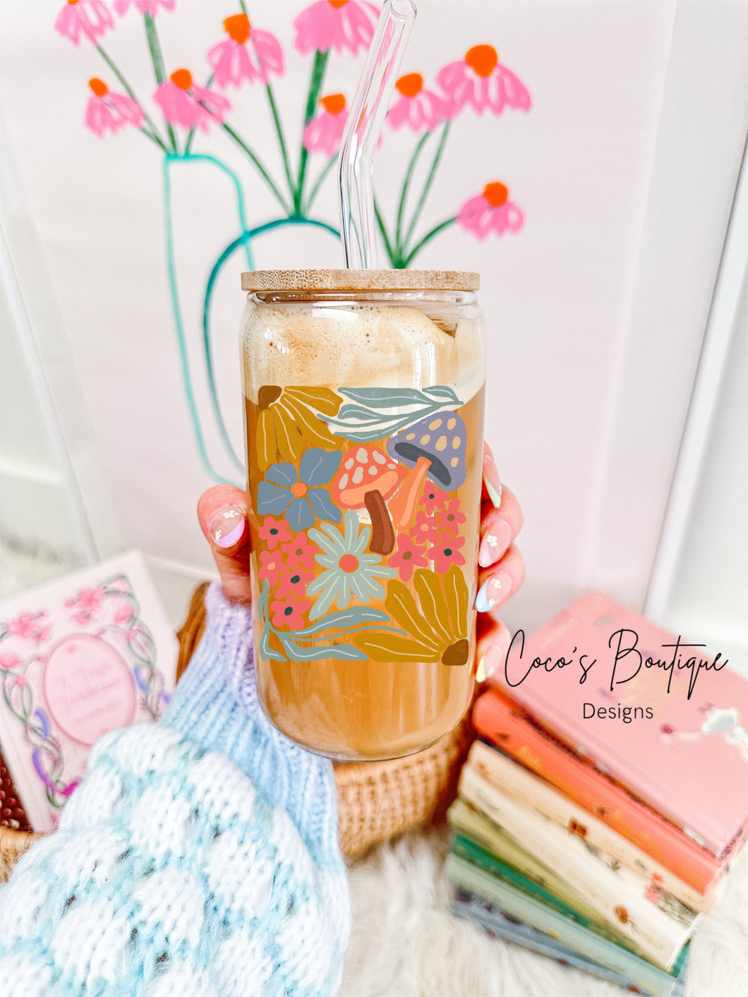 Glass Tumbler: Abstract Floral Mushroom