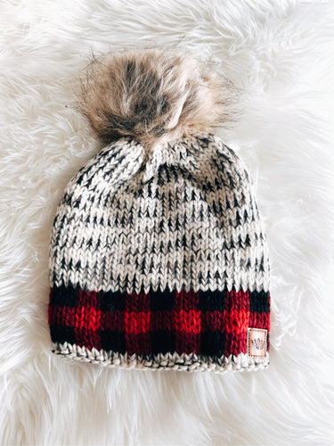 Red and Cream Plaid Beanie
